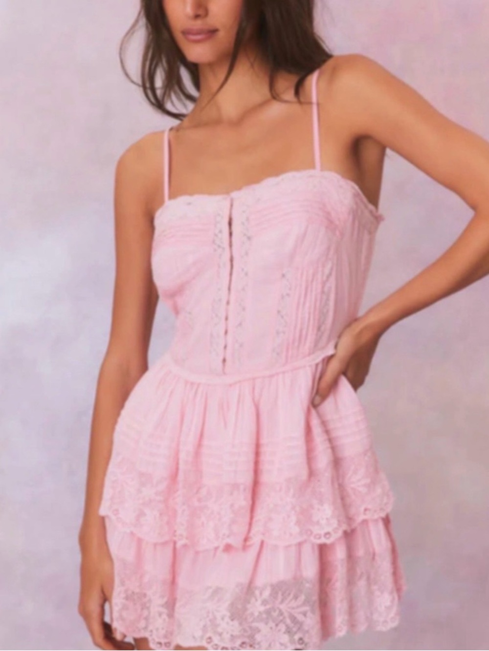 LoveShackFancy Pink Tiered Lace Mini Dress
